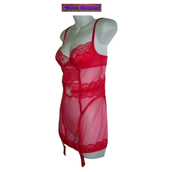 Victorias Secret Red Sheer Lace Bows Garter Cami Sexy Boudoir Pin Up Negligee - Picture 3 of 11